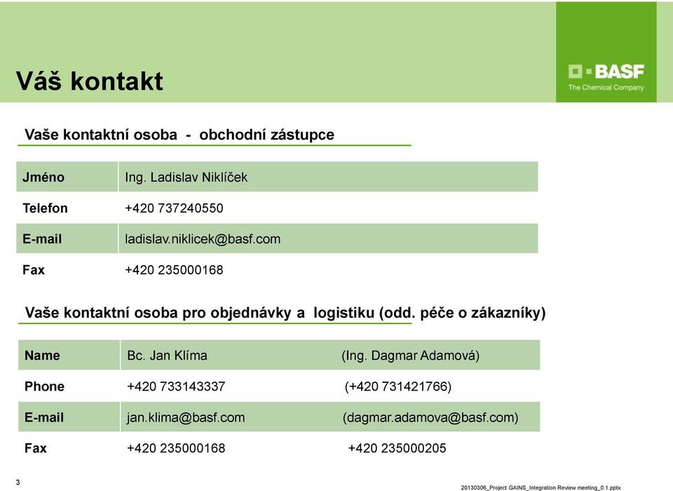 com Fax +420 235000168 Vaše kontaktní osoba pro objednávky a logistiku (odd. péče o zákazníky) Name Bc.