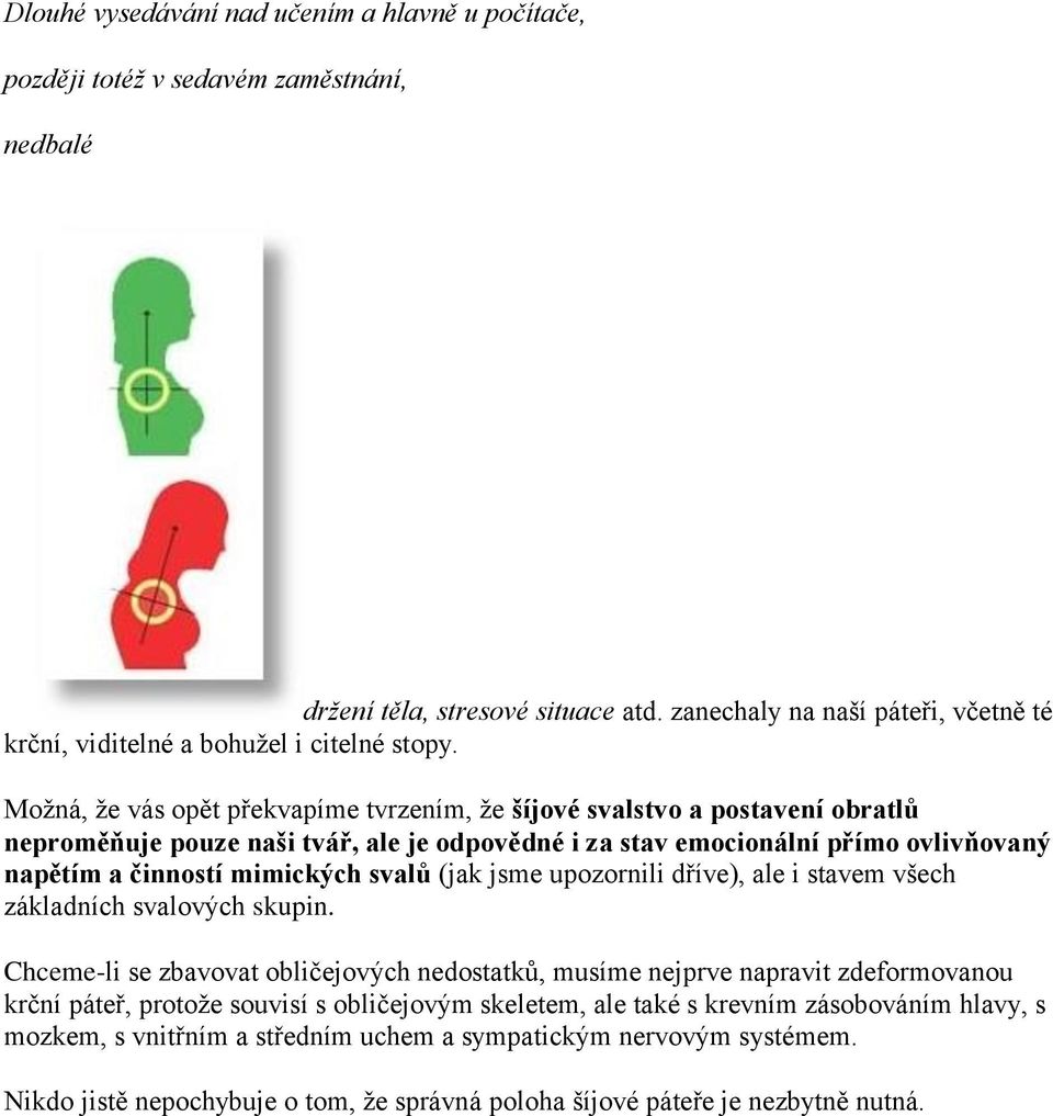 Možná, že vás opět překvapíme tvrzením, že šíjové svalstvo a postavení obratlů neproměňuje pouze naši tvář, ale je odpovědné i za stav emocionální přímo ovlivňovaný napětím a činností mimických svalů