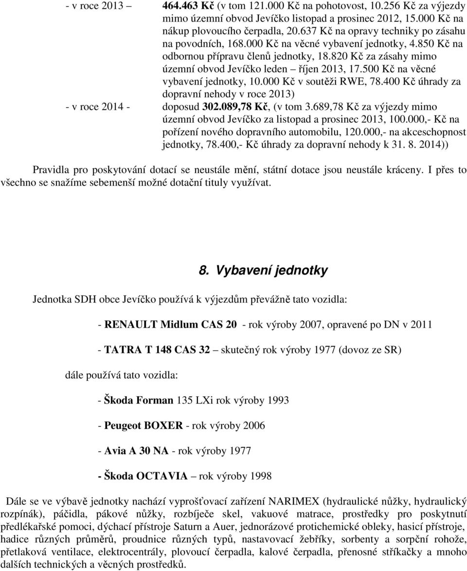 820 Kč za zásahy mimo územní obvod Jevíčko leden říjen 2013, 17.500 Kč na věcné vybavení jednotky, 10.000 Kč v soutěži RWE, 78.