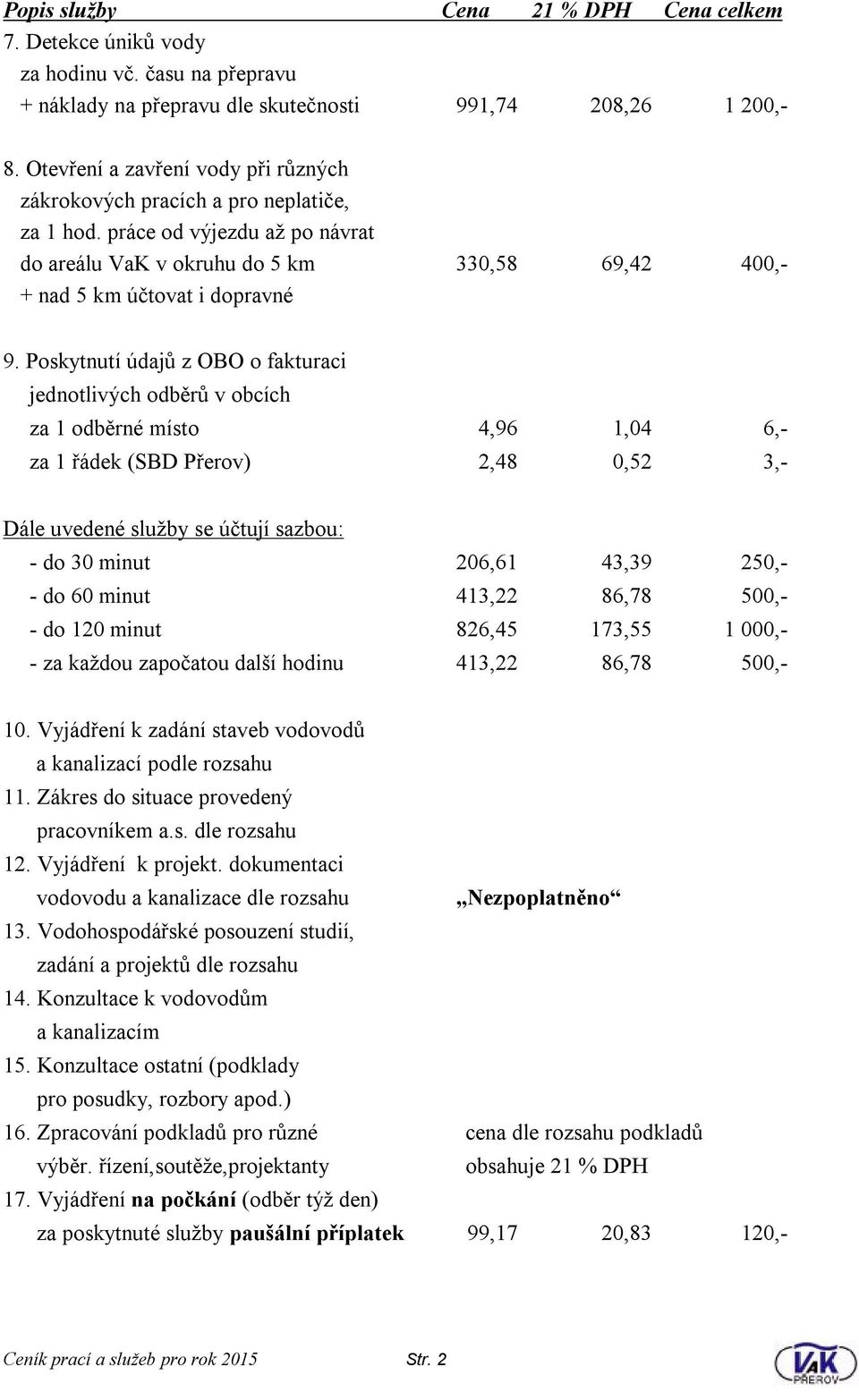 Poskytnutí údajů z OBO o fakturaci jednotlivých odběrů v obcích za 1 odběrné místo 4,96 1,04 6,- za 1 řádek (SBD Přerov) 2,48 0,52 3,- Dále uvedené služby se účtují sazbou: - do 30 minut 206,61 43,39