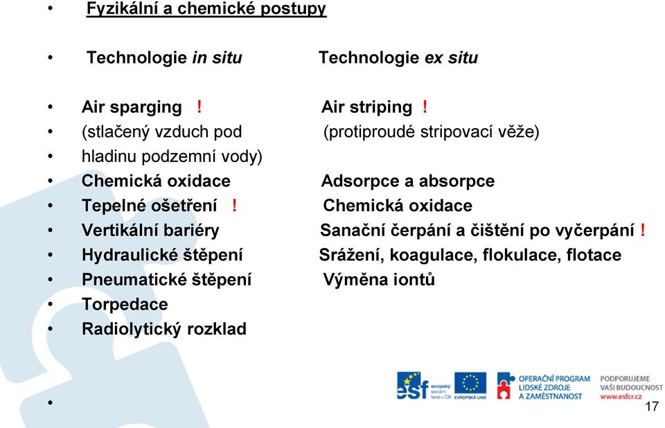 absorpce Tepelné ošetření! Chemická oxidace Vertikální bariéry Sanační čerpání a čištění po vyčerpání!