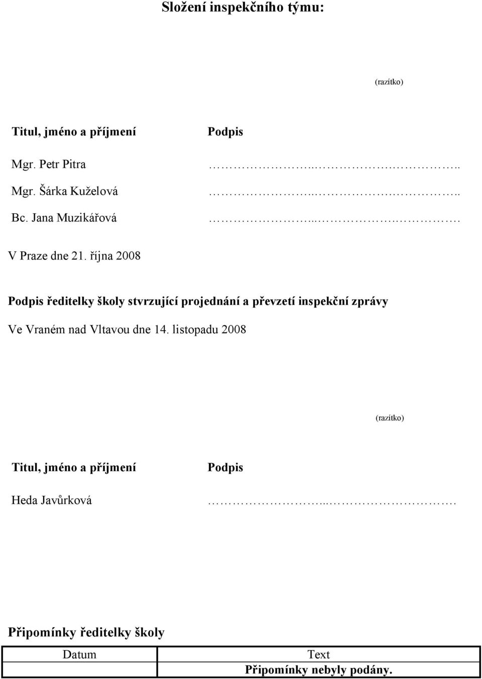 října 2008 Podpis ředitelky školy stvrzující projednání a převzetí inspekční zprávy Ve Vraném nad