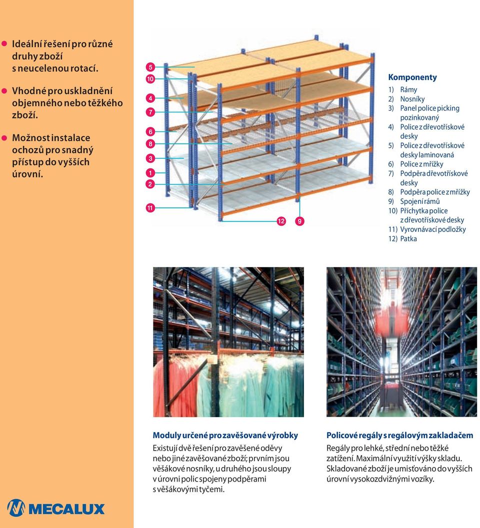 dřevotřískové desky 8) Podpěra police z mřížky 9) Spojení rámů 10) Příchytka police z dřevotřískové desky 11) Vyrovnávací podložky 12) Patka Moduly určené pro zavěšované výrobky Existují dvě řešení
