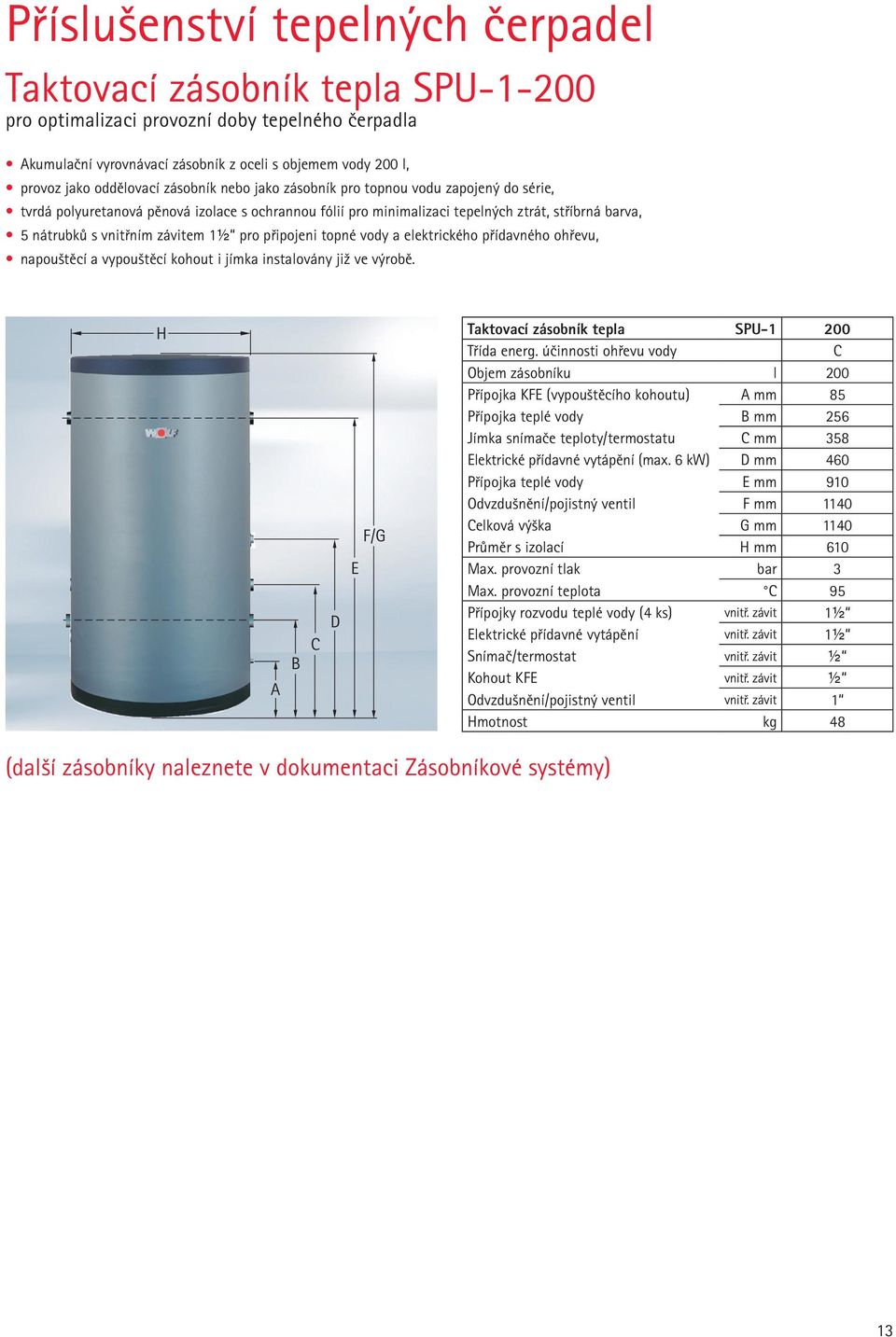 závitem 1½ pro připojeni topné vody a elektrického přídavného ohřevu, napouštěcí a vypouštěcí kohout i jímka instalovány již ve výrobě. H A B C D E F/G Taktovací zásobník tepla SPU-1 200 Třída energ.