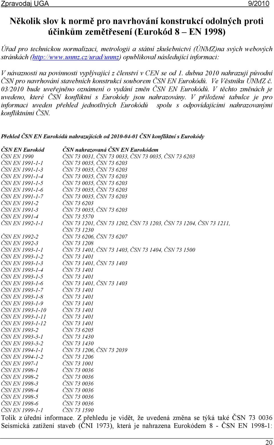 dubna 2010 nahrazují původní ČSN pro navrhování stavebních konstrukcí souborem ČSN EN Eurokódů. Ve Věstníku ÚNMZ č. 03/2010 bude uveřejněno oznámení o vydání změn ČSN EN Eurokódů.