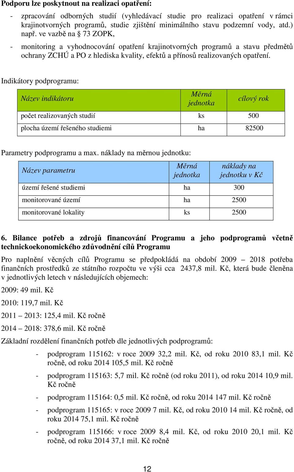 Indikátory podprogramu: Název indikátoru cílový rok počet realizovaných studií ks 500 plocha území řešeného studiemi ha 82500 Parametry podprogramu a max.