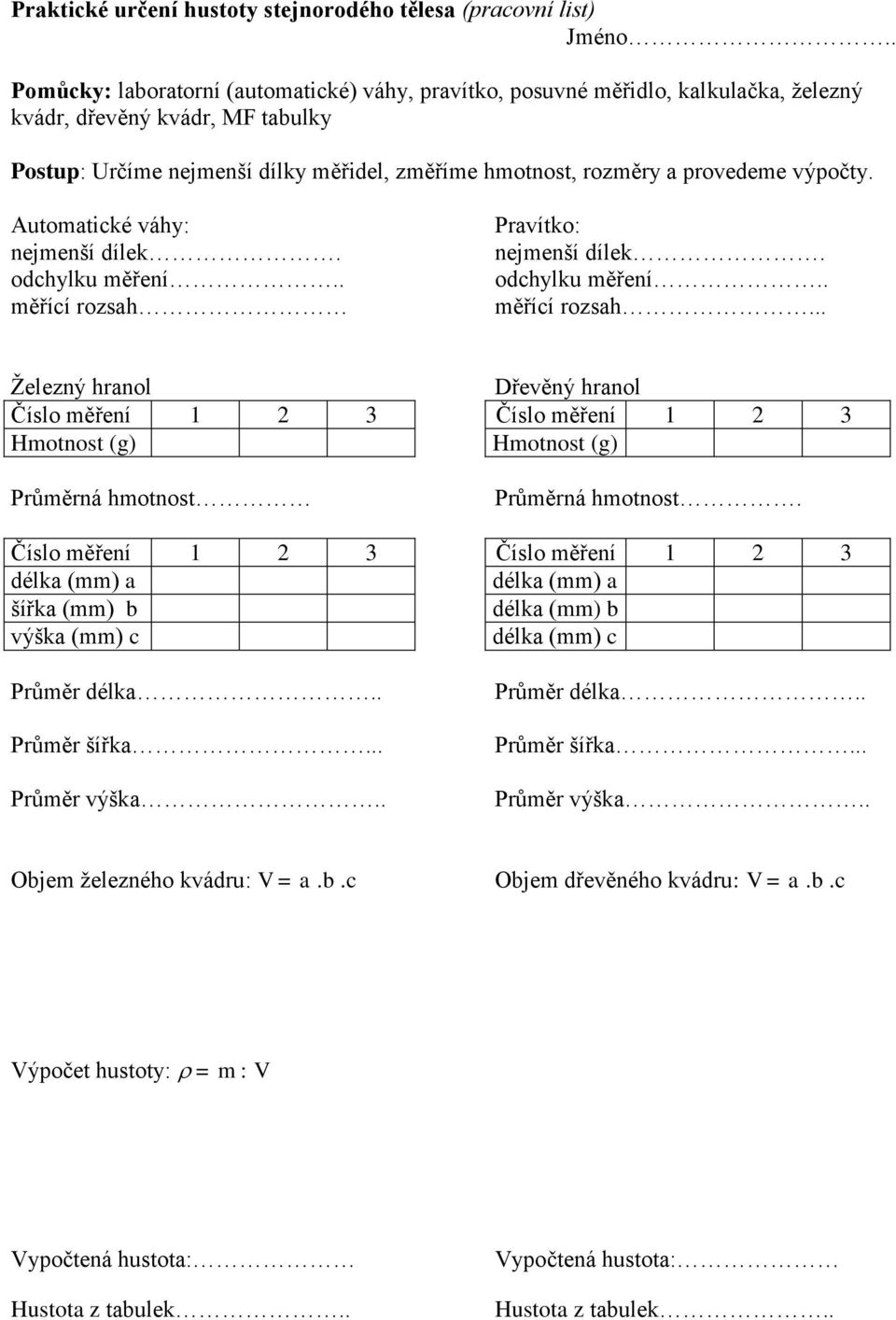 výpočty. Automatické váhy: nejmenší dílek. odchylku měření.. měřící rozsah 