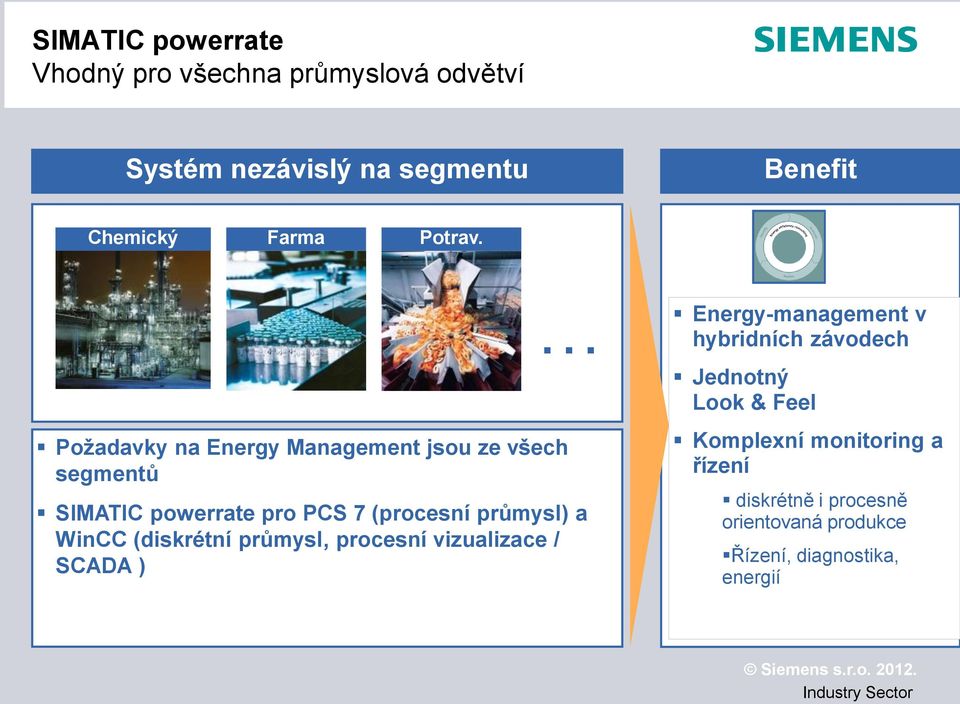 Požadavky na Energy Management jsou ze všech segmentů SIMATIC powerrate pro PCS 7 (procesní průmysl) a WinCC