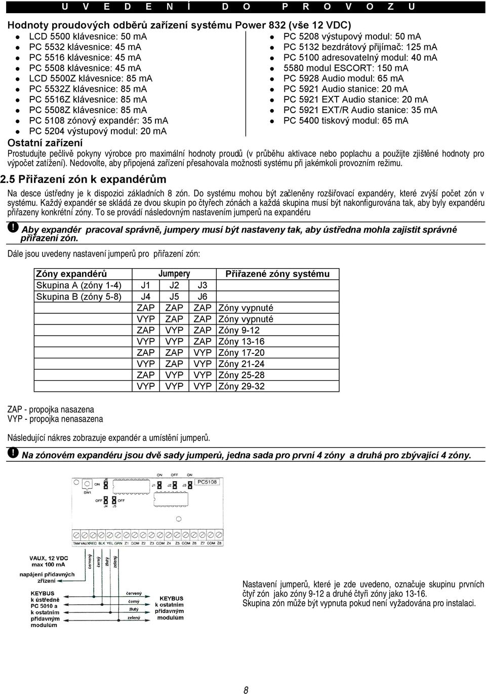 50 ma PC 5132 bezdrátový přijímač: 125 ma PC 5100 adresovatelný modul: 40 ma 5580 modul ESCORT: 150 ma PC 5928 Audio modul: 65 ma PC 5921 Audio stanice: 20 ma PC 5921 EXT Audio stanice: 20 ma PC 5921