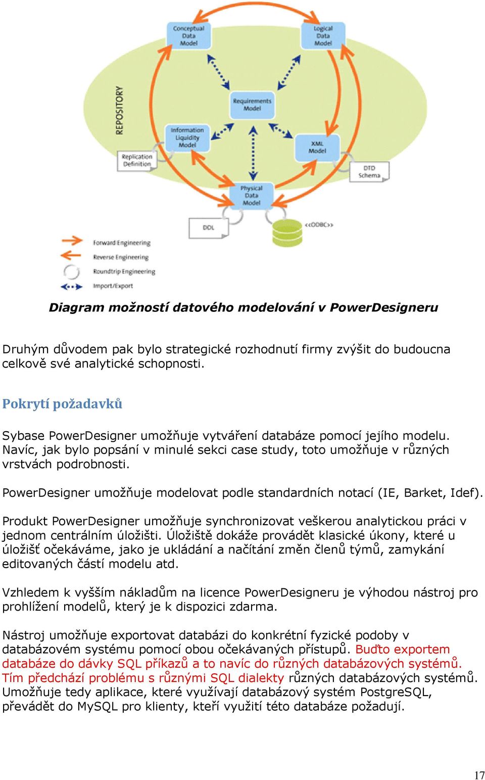 PowerDesigner umožňuje modelovat podle standardních notací (IE, Barket, Idef). Produkt PowerDesigner umožňuje synchronizovat veškerou analytickou práci v jednom centrálním úložišti.