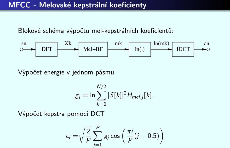 ) ln(mk) IDCT cn Výpočet energie v jednom pásmu N/ g j = ln S[k]