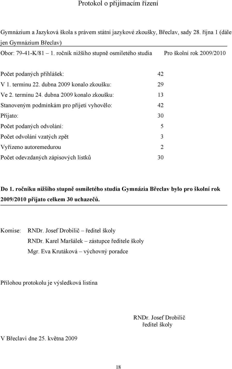 dubna 2009 konalo zkoušku: 13 Stanoveným podmínkám pro přijetí vyhovělo: 42 Přijato: 30 Počet podaných odvolání: 5 Počet odvolání vzatých zpět 3 Vyřízeno autoremedurou 2 Počet odevzdaných zápisových