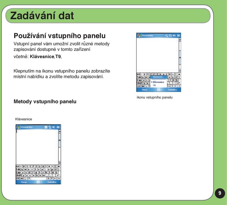 Klepnutím na ikonu vstupního panelu zobrazíte místní nabídku a zvolíte