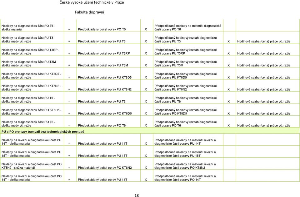 režie = Předpokládaný počet oprav PU T3M X Náklady na diagnostickou část PU KT8D5 - složka mzdy vč.