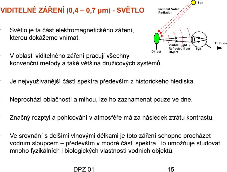 Je nejvyužívanější částí spektra především z historického hlediska. Neprochází oblačností a mlhou, lze ho zaznamenat pouze ve dne.