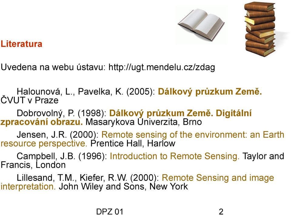 (2000): Remote sensing of the environment: an Earth resource perspective. Prentice Hall, Harlow Campbell, J.B.