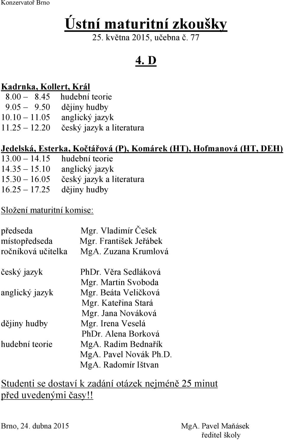 D Jedelská, Esterka, Kočtářová (P), Komárek (HT), Hofmanová (HT, DEH) 13.00 14.15 14.35 15.