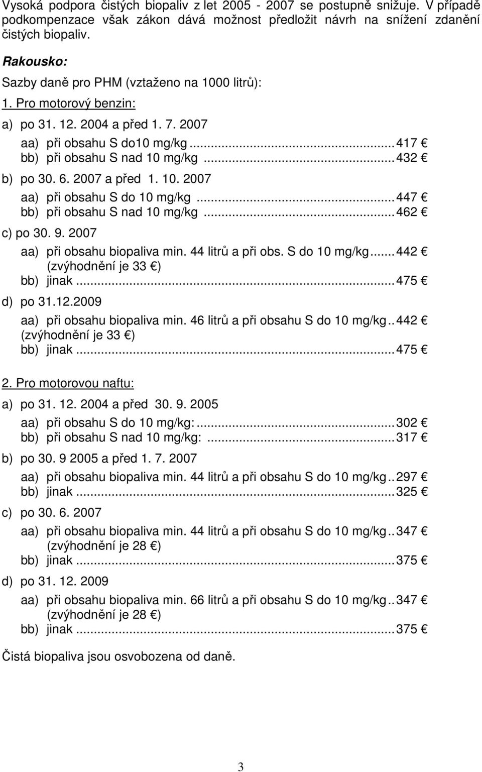 2007 a před 1. 10. 2007 aa) při obsahu S do 10 mg/kg...447 bb) při obsahu S nad 10 mg/kg...462 c) po 30. 9. 2007 aa) při obsahu biopaliva min. 44 litrů a při obs. S do 10 mg/kg...442 (zvýhodnění je 33 ) bb) jinak.