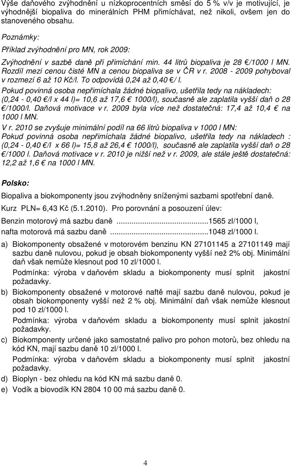 2008-2009 pohyboval v rozmezí 6 až 10 Kč/l. To odpovídá 0,24 až 0,40 / l.