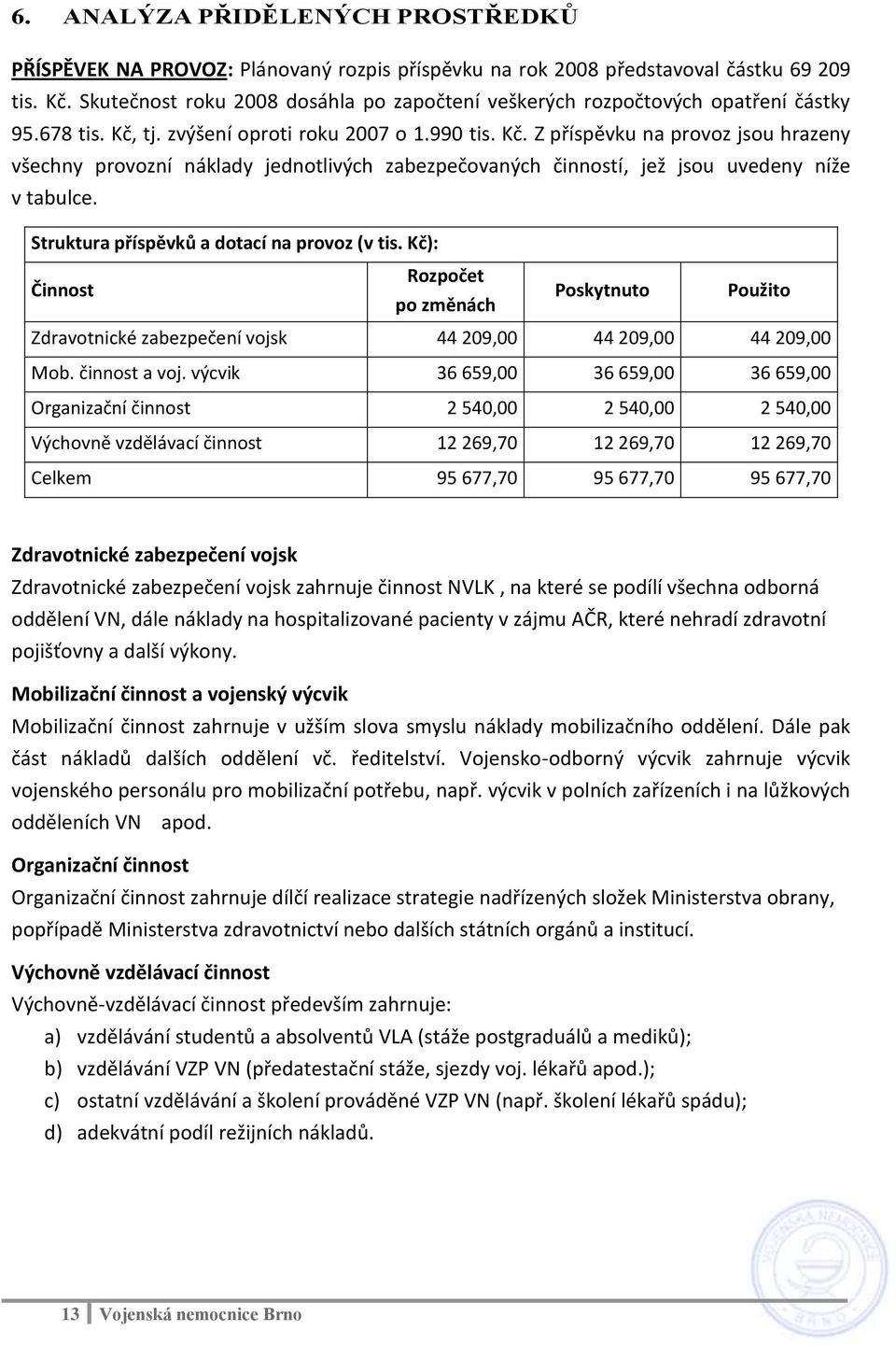 tj. zvýšení oproti roku 2007 o 1.990 tis. Kč. Z příspěvku na provoz jsou hrazeny všechny provozní náklady jednotlivých zabezpečovaných činností, jež jsou uvedeny níže v tabulce.