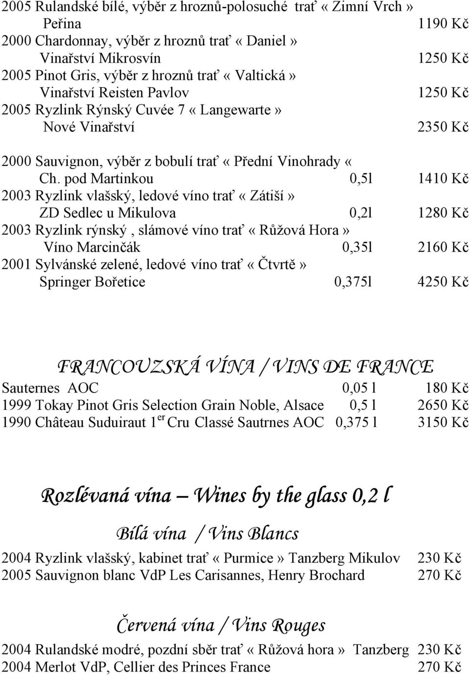 pod Martinkou 0,5l 1410 Kč 2003 Ryzlink vlašský, ledové víno trať «Zátiší» ZD Sedlec u Mikulova 0,2l 1280 Kč 2003 Ryzlink rýnský, slámové víno trať «Růžová Hora» Víno Marcinčák 0,35l 2160 Kč 2001