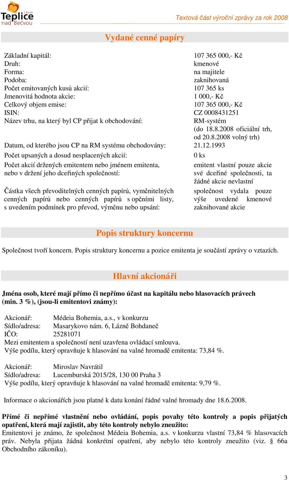 12.1993 Počet upsaných a dosud nesplacených akcií: 0 ks Počet akcií držených emitentem nebo jménem emitenta, nebo v držení jeho dceřiných společností: emitent vlastní pouze akcie své dceřiné