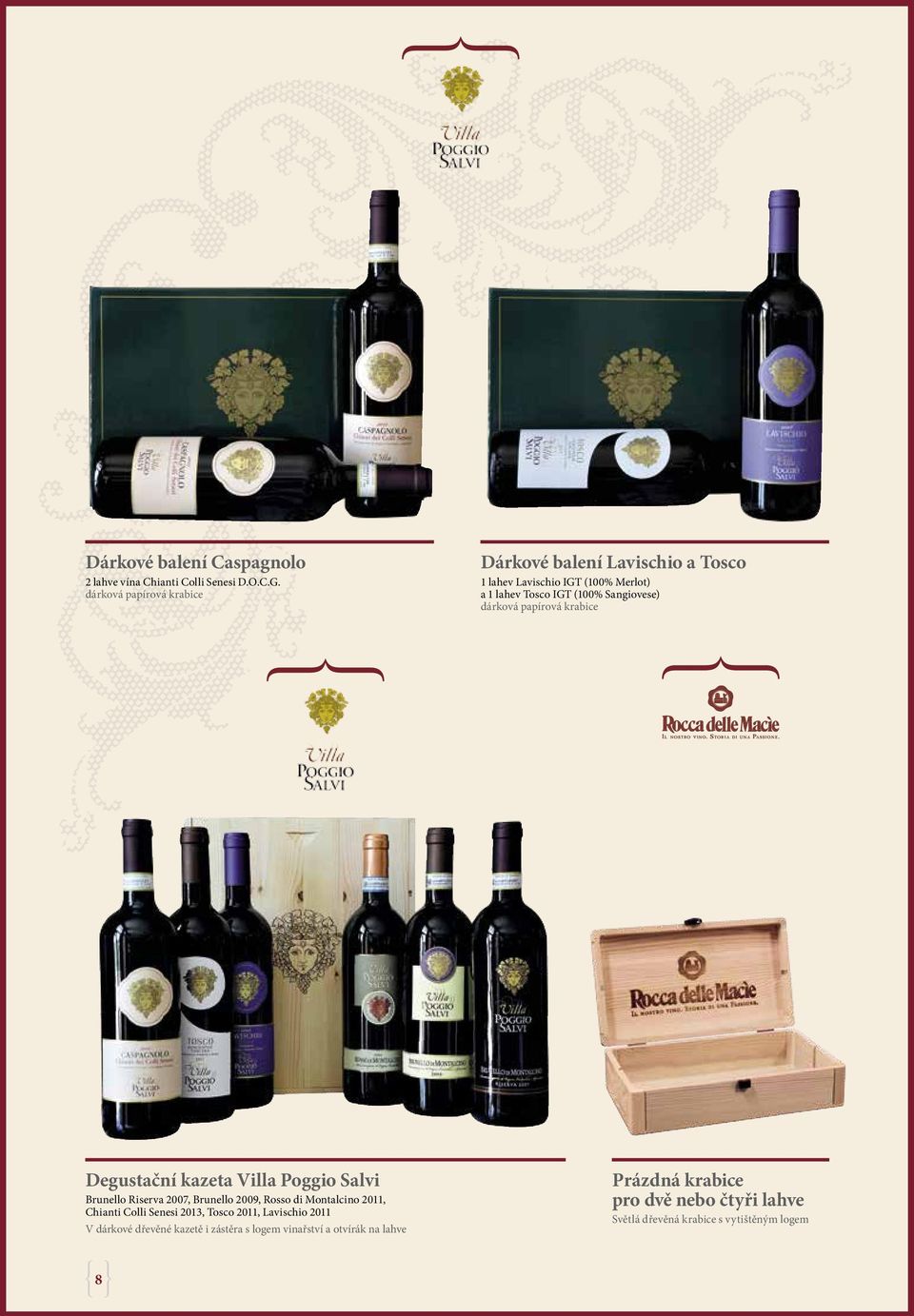 dárková papírová krabice Degustační kazeta Villa Poggio Salvi Brunello Riserva 2007, Brunello 2009, Rosso di Montalcino 2011, Chianti