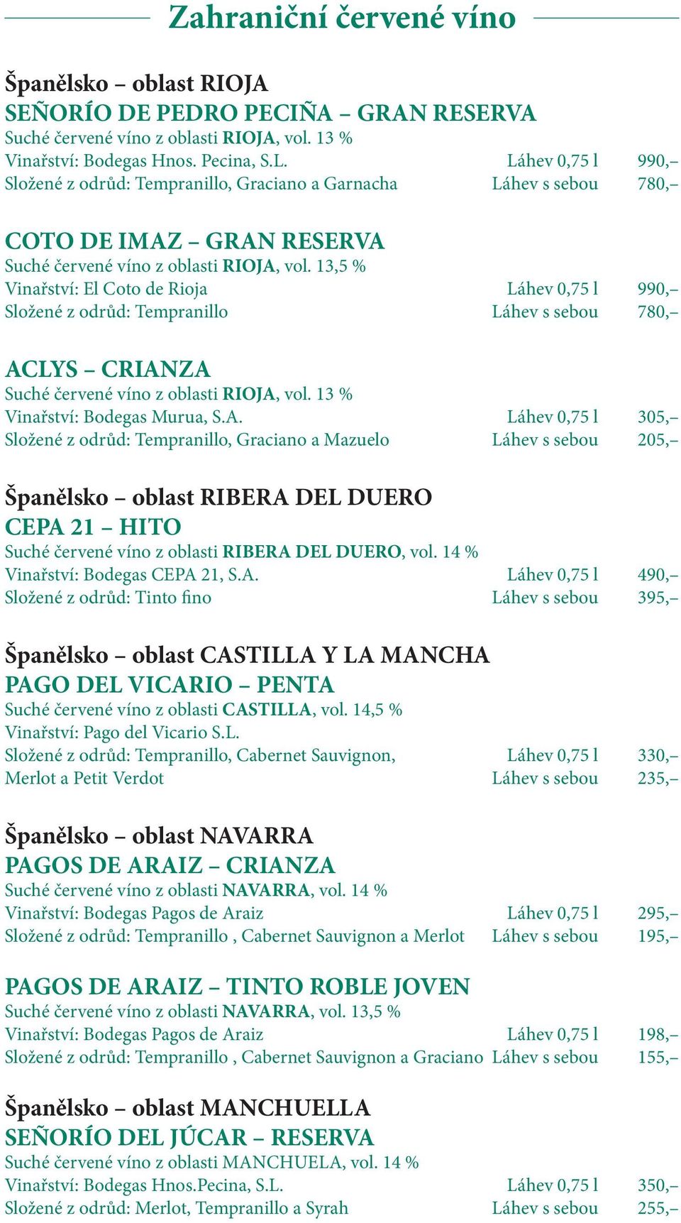 13,5 % Vinařství: El Coto de Rioja Láhev 0,75 l 990, Složené z odrůd: Tempranillo Láhev s sebou 780, AC