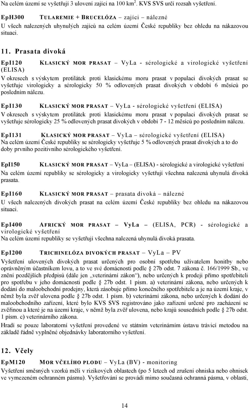 Prasata divoká EpI120 KLASICKÝ MOR PRASAT VyLa - sérologické a virologické vyšetření (ELISA) V okresech s výskytem protilátek proti klasickému moru prasat v populaci divokých prasat se vyšetřuje