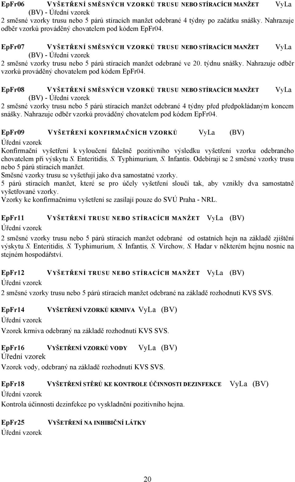 EpFr07 VYŠETŘENÍ SMĚSNÝCH VZORKŮ TRUSU NEBO STÍRACÍCH MANŽET VyLa (BV) - Úřední vzorek 2 směsné vzorky trusu nebo 5 párů stíracích manžet odebrané ve 20. týdnu snášky.