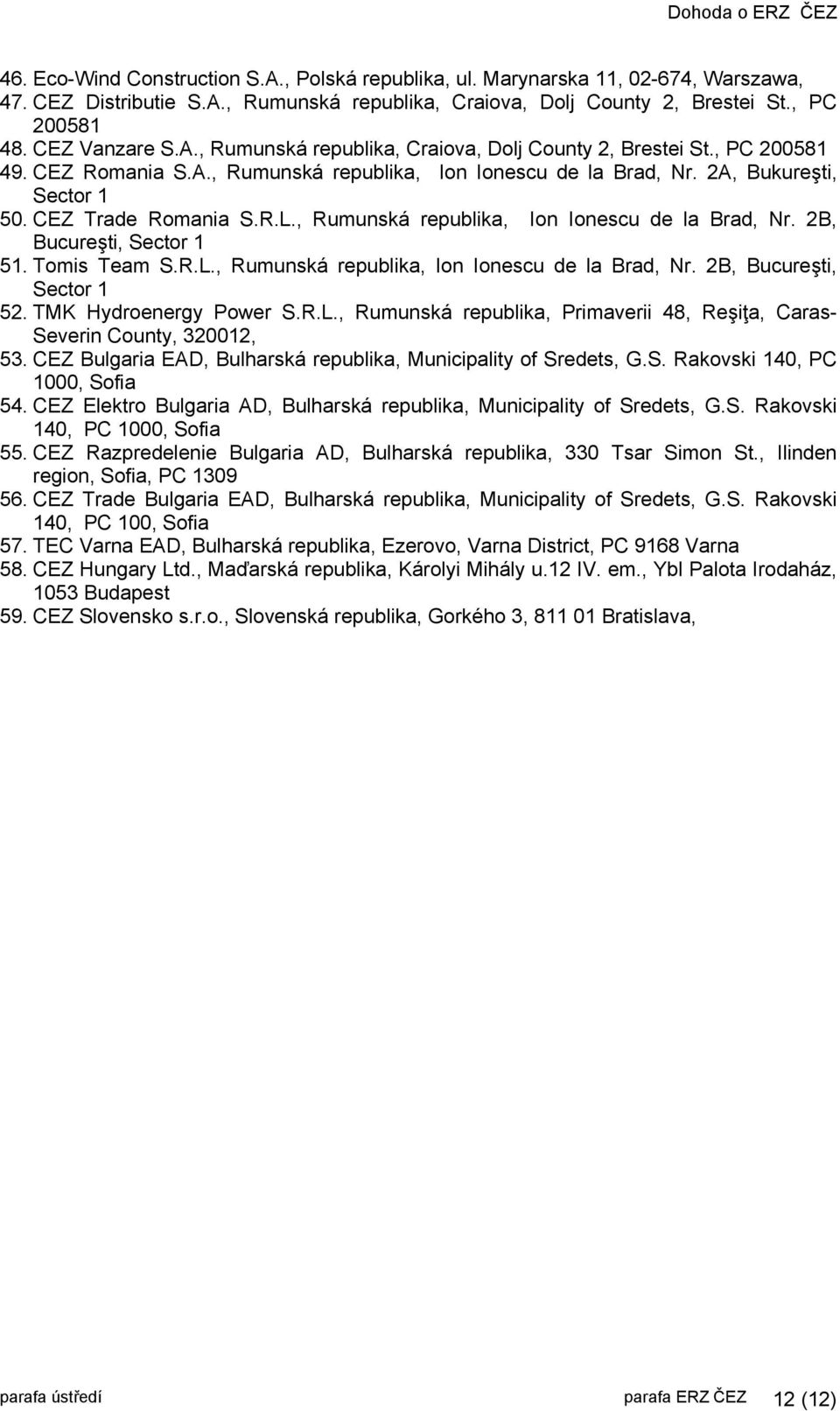 Tomis Team S.R.L., Rumunská republika, Ion Ionescu de la Brad, Nr. 2B, Bucureşti, Sector 1 52. TMK Hydroenergy Power S.R.L., Rumunská republika, Primaverii 48, Reşiţa, Caras- Severin County, 320012, 53.