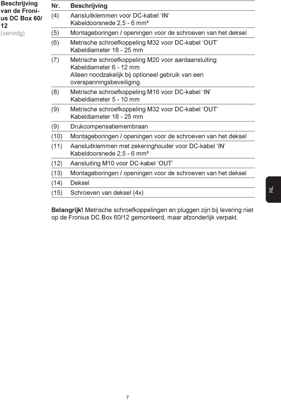 Kabeldiameter 8-5 mm (7) Metrische schroefkoppeling M0 voor aardaansluiting Kabeldiameter 6 - mm Alleen noodzakelijk bij optioneel gebruik van een overspanningsbeveiliging.