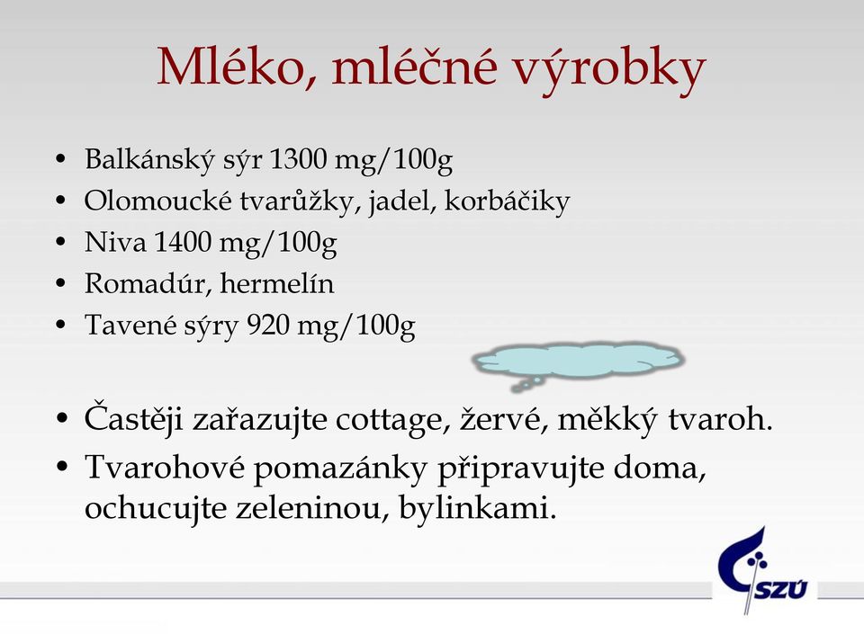 Tavené sýry 920 mg/100g Častěji zařazujte cottage, žervé, měkký