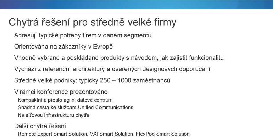 podniky: typicky 250 1000 zaměstnanců V rámci konference prezentováno Kompaktní a přesto agilní datové centrum Snadná cesta ke službám