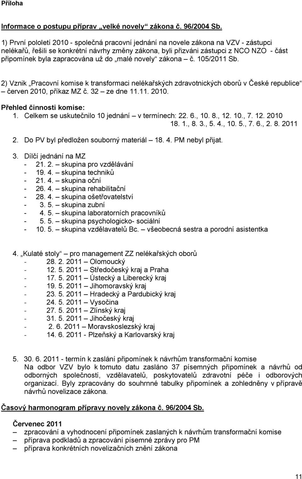 zapracována už do malé novely zákona č. 105/2011 Sb. 2) Vznik Pracovní komise k transformaci nelékařských zdravotnických oborů v České republice červen 2010, příkaz MZ č. 32 ze dne 11.11. 2010. Přehled činnosti komise: 1.