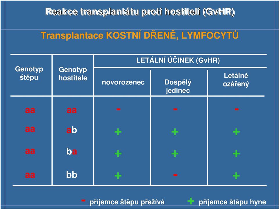 novorozenec LETÁLNÍ ÚČINEK (GvHR) Dospělý jedinec