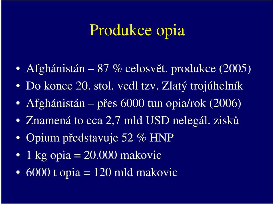 Zlatý trojúhelník Afghánistán přes 6000 tun opia/rok (2006) Znamená