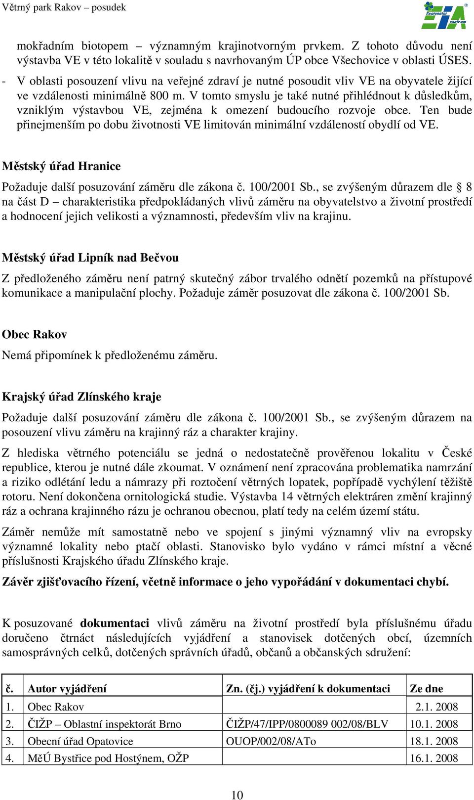 V tomto smyslu je také nutné přihlédnout k důsledkům, vzniklým výstavbou VE, zejména k omezení budoucího rozvoje obce.