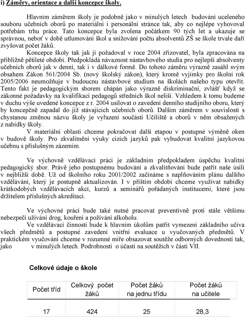 Tato koncepce byla zvolena počátkem 90 tých let a ukazuje se správnou, neboť v době utlumování škol a snižování počtu absolventů ZŠ se škole trvale daří zvyšovat počet žáků.