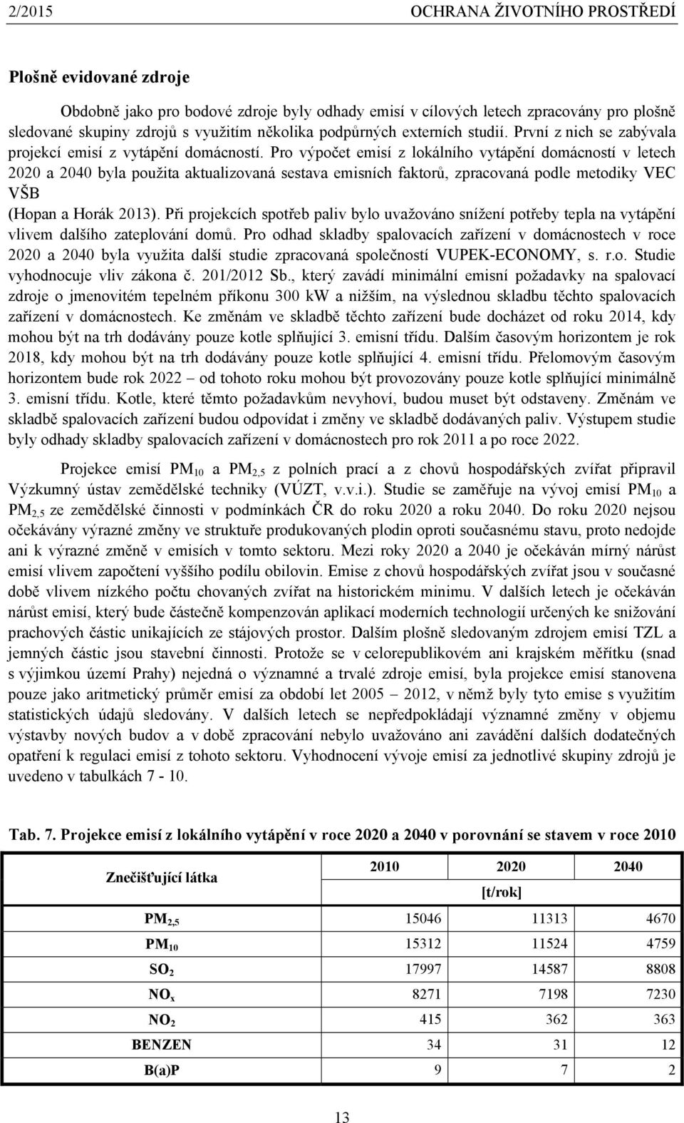 Pro výpočet emisí z lokálního vytápění domácností v letech 2020 a 2040 byla použita aktualizovaná sestava emisních faktorů, zpracovaná podle metodiky VEC VŠB (Hopan a Horák 2013).