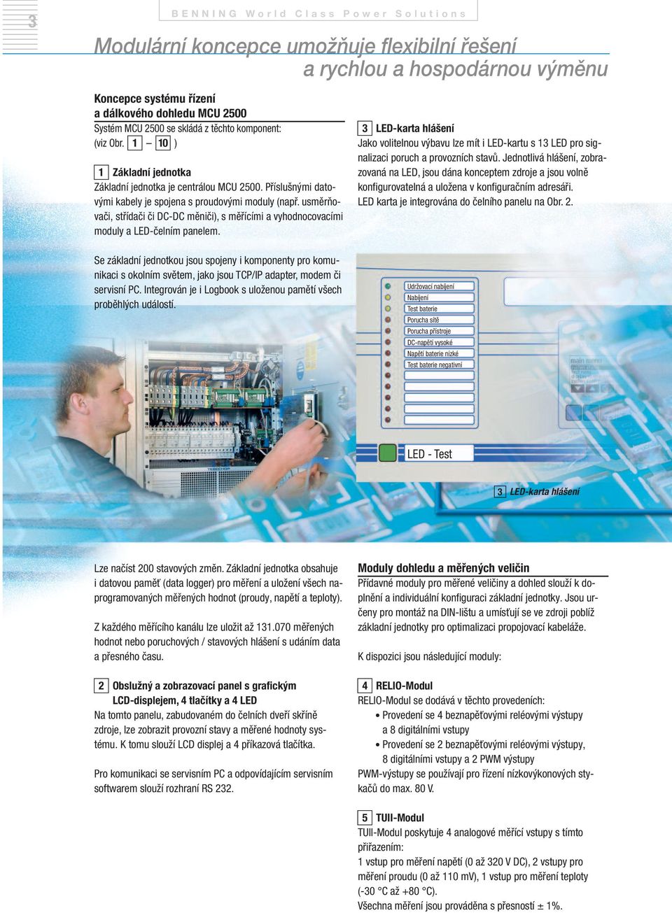 usměrňovači, střídači či DC-DC měniči), s měřícími a vyhodnocovacími moduly a LED-čelním panelem.