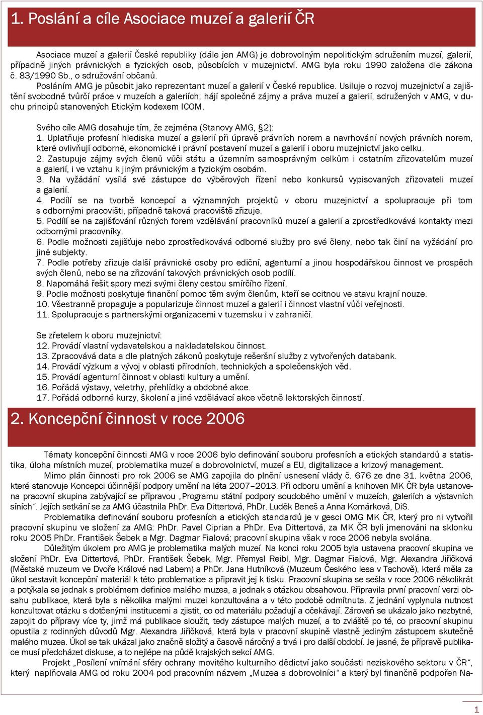 Usiluje o rozvoj muzejnictví a zajištění svobodné tvůrčí práce v muzeích a galeriích; hájí společné zájmy a práva muzeí a galerií, sdružených v AMG, v duchu principů stanovených Etickým kodexem ICOM.