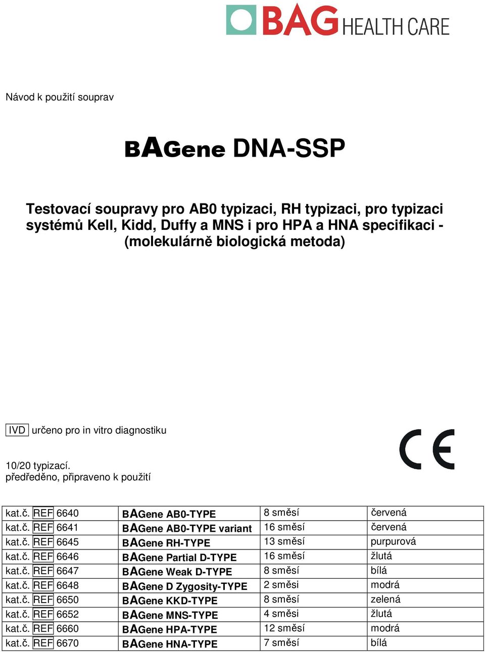 č. REF 6645 BAGene RH-TYPE 13 směsí purpurová kat.č. REF 6646 BAGene Partial D-TYPE 16 směsí žlutá kat.č. REF 6647 BAGene Weak D-TYPE 8 směsí bílá kat.č. REF 6648 BAGene D Zygosity-TYPE 2 směsi modrá kat.