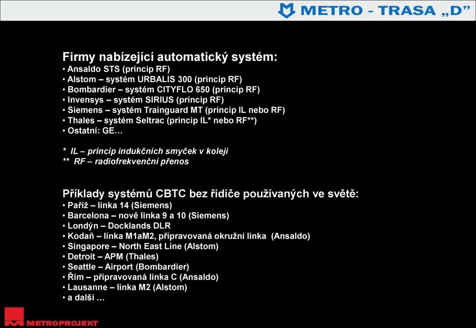 přenos Příklady systémů CBTC bez řidiče používaných ve světě: Paříž linka 14 (Siemens) Barcelona nově linka 9 a 10 (Siemens) Londýn Docklands DLR Kodaň linka M1aM2,