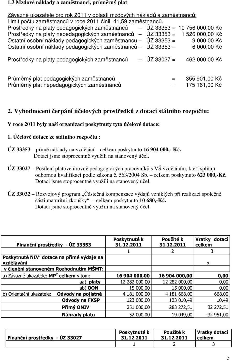 ÚZ 33353 = 9 000,00 Kč Ostatní osobní náklady pedagogických zaměstnanců ÚZ 33353 = 6 000,00 Kč Prostředky na platy pedagogických zaměstnanců ÚZ 33027 = 462 000,00 Kč Průměrný plat pedagogických