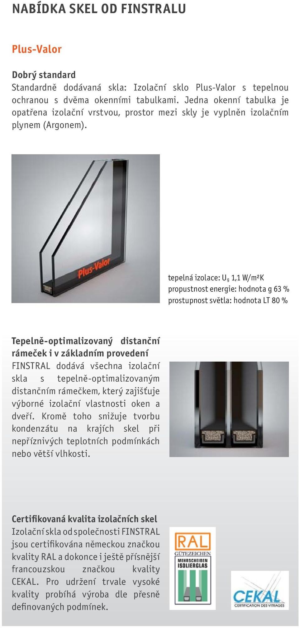 tepelná izolace: Ug 1,1 W/m²K propustnost energie: hodnota g 63 % prostupnost světla: hodnota LT 80 % Tepelně-optimalizovaný distanční rámeček i v základním provedení FINSTRAL dodává všechna izolační