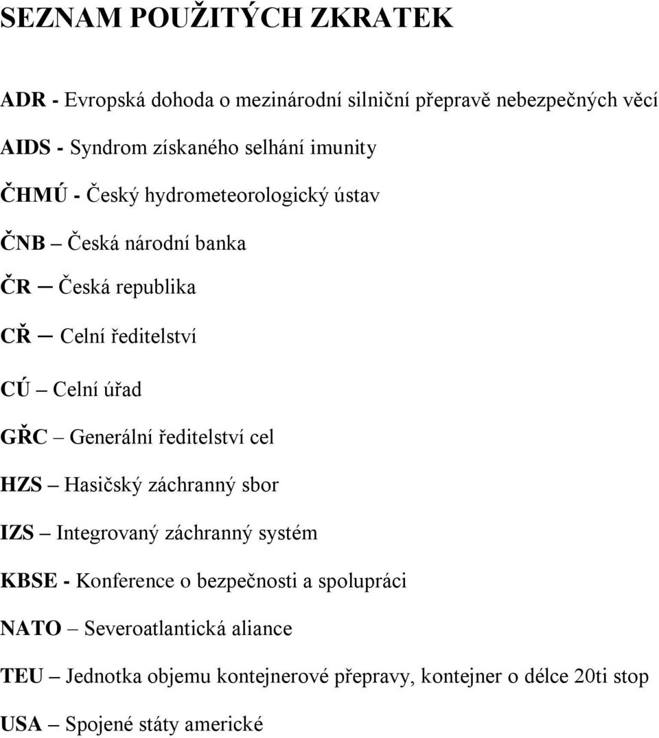 Generální ředitelství cel HZS Hasičský záchranný sbor IZS Integrovaný záchranný systém KBSE - Konference o bezpečnosti a