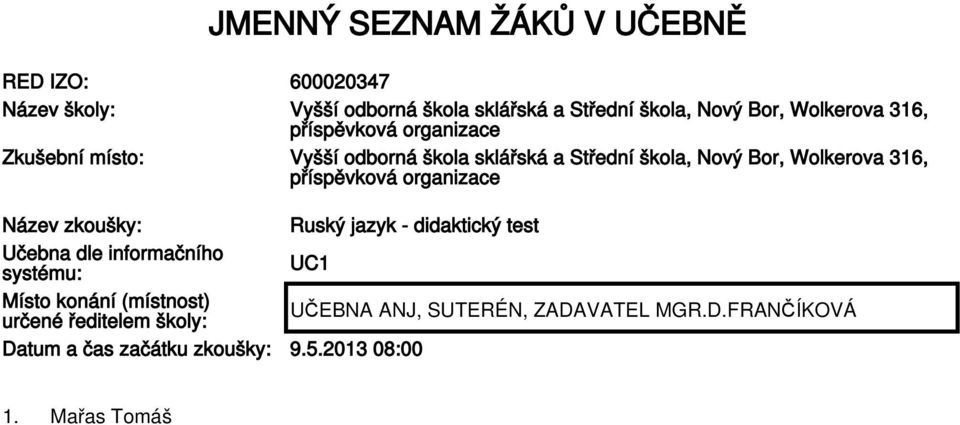 Bor, Wolkerova 316, Název zkoušky: Ruský jazyk - didaktický test Učebna dle informačního systému: UC1