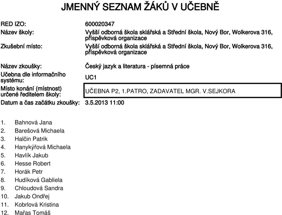 UC1 Místo konání (místnost) určené ředitelem školy: Datum a čas začátku zkoušky: 3.5.2013 11:00 1. Bahnová Jana 2. Barešová Michaela 3. Halčin Patrik 4.