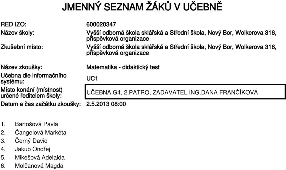 didaktický test Učebna dle informačního systému: UC1 Místo konání (místnost) určené ředitelem školy: Datum a čas začátku